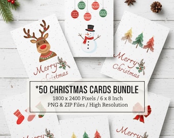 Christmas Card Bundle | 50 Digital Printable Holiday Greeting Card Set | 6x8 PNG Files | High Resolution Instant Download | Xmas Card Bundle