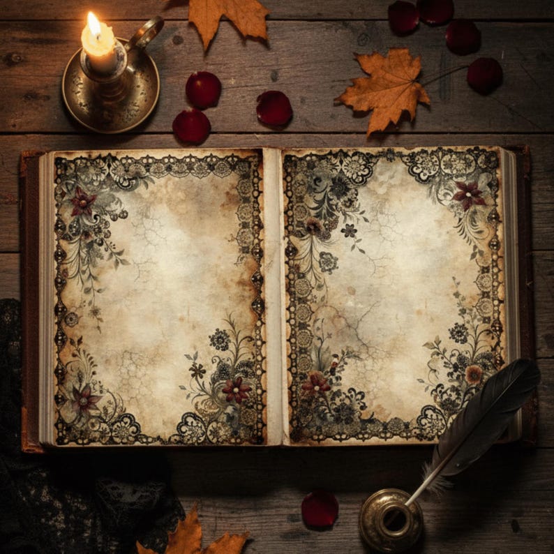 Autumn Gothic Junk Journal Pages main listing image featuring a vintage open notebook with dark floral patterns and 26 digital paper thumbnails on a moody wood background.