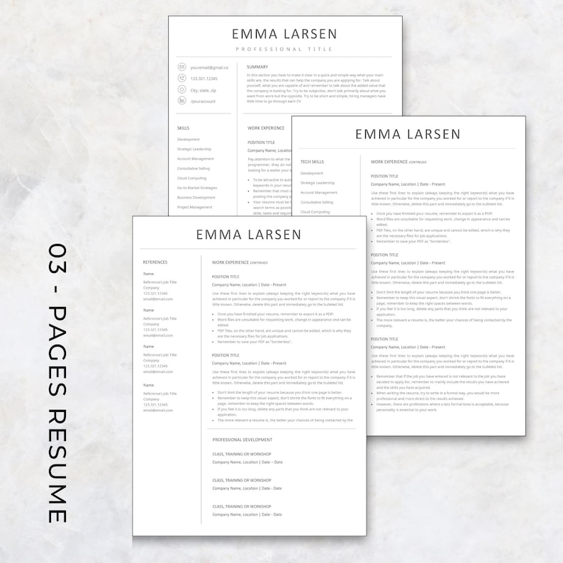 Professional resume template set with 1 page resume, 2 page resume, and 3 page resume layouts included.
