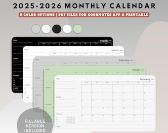 2025-2026年ミニマリスト月間カレンダー：GoodNotes、Notability、印刷可能なPDF（デジタルダウンロード）