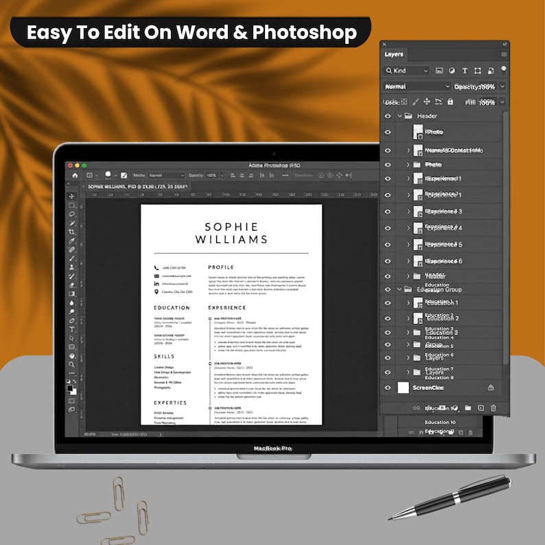 Professional resume template open in Adobe Photoshop on MacBook Pro displaying organized PSD layers panel with header, education group, experience layers – fully editable minimalist executive CV template with named layer structure for easy customization
