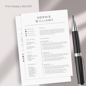 Print ready 300 DPI professional resume template printed on A4 paper showing Sophie Williams minimalist two-column CV layout with profile summary, education, skills, expertise, and three work experience entries – high quality executive resume template 2026