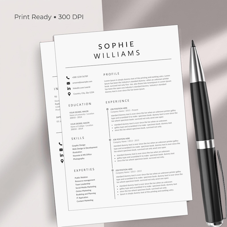 Print ready 300 DPI professional resume template printed on A4 paper showing Sophie Williams minimalist two-column CV layout with profile summary, education, skills, expertise, and three work experience entries – high quality executive resume template 2026