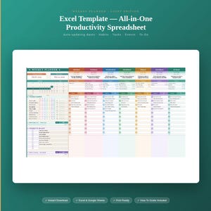 Może przedstawiać: Cyfrowy szablon planera tygodniowego z tekstem "Excel Template - All-in-One Productivity Spreadsheet". Planer zawiera sekcje na daty, nawyki, zadania, wydarzenia i listy rzeczy do zrobienia. Projekt zawiera kolorowy układ.