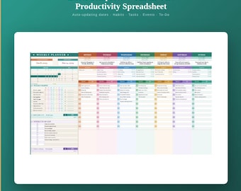 Planilha de Planejamento Semanal em Excel | Planilha de Produtividade Completa | Rastreador de Hábitos | Lista de Tarefas | Planilhas Google para TDAH | Download Imediato