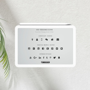 May include: A white digital tablet displays resume icons, contact icons, and social media icons. The text reads "100+ Resume Icons" and "Get Started". The tablet is set against a white background.