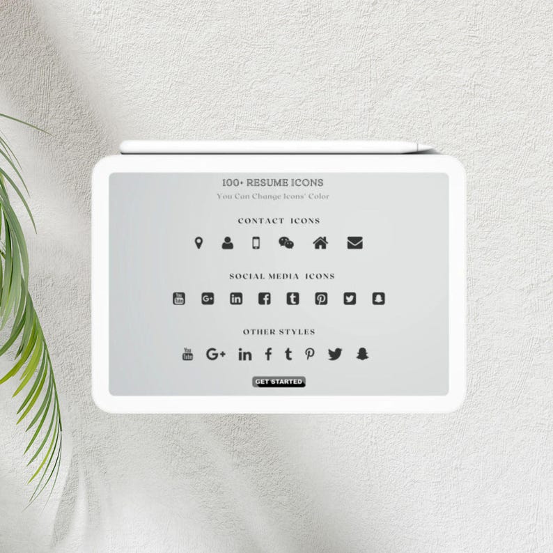 May include: A white digital tablet displays resume icons, contact icons, and social media icons. The text reads "100+ Resume Icons" and "Get Started". The tablet is set against a white background.