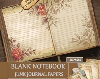 Blank Notebook Junk Journal Paper | Printable Lined Paper | Junk Journal Supplies Kit | Scrapbook Pages | Vintage Digital Papers Pack