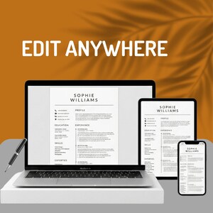 Professional ATS resume template displayed across multiple devices including MacBook Air laptop, iPad tablet, and iPhone mobile phone showing responsive compatibility – edit anywhere modern executive CV template 2026 for Word and Google Docs