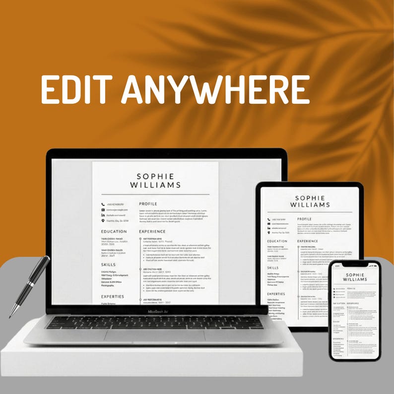 Professional ATS resume template displayed across multiple devices including MacBook Air laptop, iPad tablet, and iPhone mobile phone showing responsive compatibility – edit anywhere modern executive CV template 2026 for Word and Google Docs