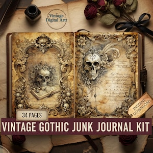 Könnte beinhalten: Offenes Vintage Gothic Junk Journal Kit mit 34 Seiten. Das Journal zeigt verzierte Rahmen mit Totenkopf-Illustrationen und floralen Akzenten. Der Text "Vintage Gothic Junk Journal Kit" wird in einem dunkelroten Banner angezeigt.