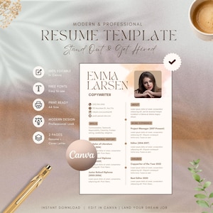 Modern and professional resume template editable in Canva featuring Emma Larsen copywriter two-column layout with watercolor peach background, profile photo, skills, educational history, about section, work experience as project manager and editor, and awards – 100% editable free fonts print ready A4 size instant download resume and cover letter bundle 2026