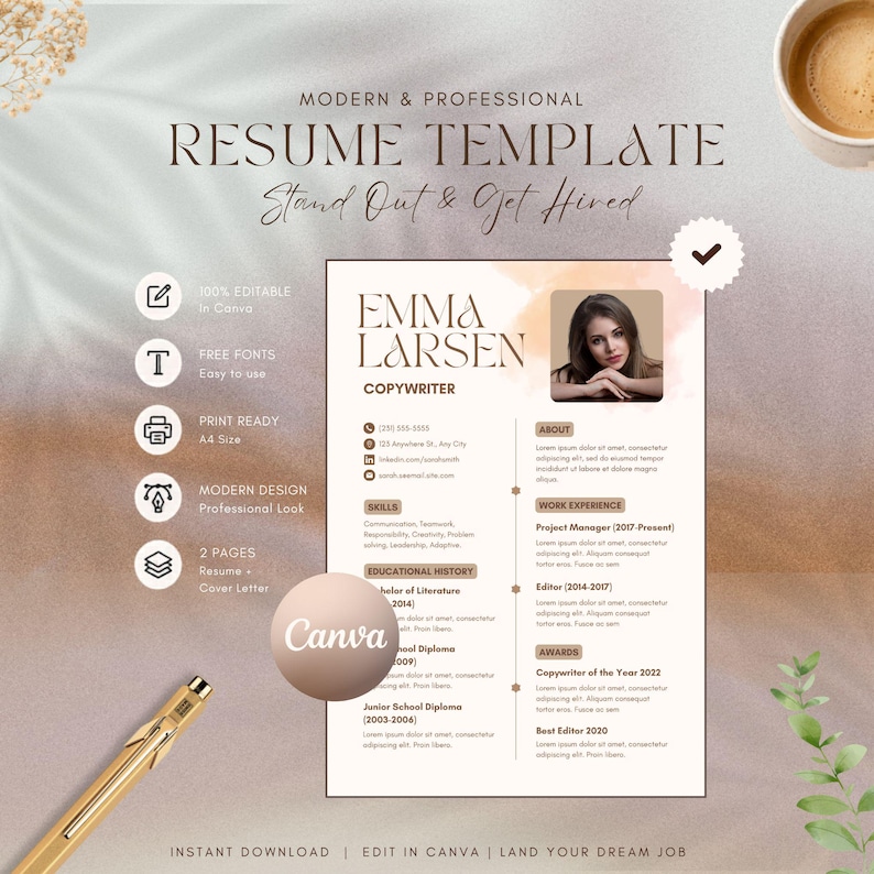 Modern and professional resume template editable in Canva featuring Emma Larsen copywriter two-column layout with watercolor peach background, profile photo, skills, educational history, about section, work experience as project manager and editor, and awards – 100% editable free fonts print ready A4 size instant download resume and cover letter bundle 2026