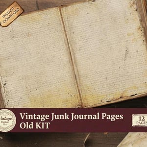 Peut inclure: Un livre vintage ouvert avec des pages vieillies et texturées. Les pages sont remplies d'écritures manuscrites et montrent des signes d'usure. Une étiquette avec "Téléchargement instantané" est suspendue en haut. La bannière inférieure indique "Vintage Junk Journal Pages Old KIT" avec "12 Pages".