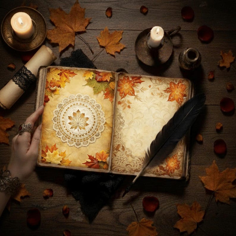 Autumn Gothic Junk Journal Pages main listing image featuring a vintage open notebook with dark floral patterns and 26 digital paper thumbnails on a moody wood background.