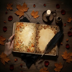 Autumn Gothic Junk Journal Pages main listing image featuring a vintage open notebook with dark floral patterns and 26 digital paper thumbnails on a moody wood background.