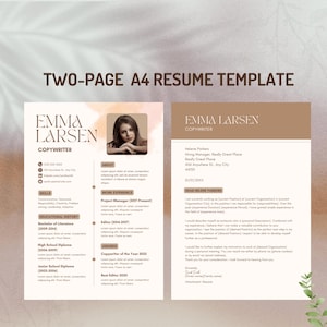 Two-page A4 resume template and cover letter side by side showing Emma Larsen copywriter – left page with watercolor resume displaying skills educational history work experience and awards, right page with warm brown header cover letter addressed to Helene Parkers at Really Great Place with full body paragraphs and Sarah Smith signature – modern professional Canva template instant download 2026