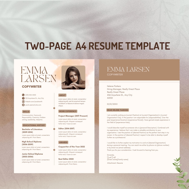 Two-page A4 resume template and cover letter side by side showing Emma Larsen copywriter – left page with watercolor resume displaying skills educational history work experience and awards, right page with warm brown header cover letter addressed to Helene Parkers at Really Great Place with full body paragraphs and Sarah Smith signature – modern professional Canva template instant download 2026