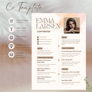 Modern CV template editable in Canva showing Emma Larsen copywriter full resume with watercolor peach background, large serif name, professional headshot photo, contact details phone address LinkedIn email, skills section, educational history bachelor of literature high school diploma junior school diploma, about section, work experience project manager 2017 present and editor 2014 to 2017, and awards copywriter of the year 2022 and best editor 2020