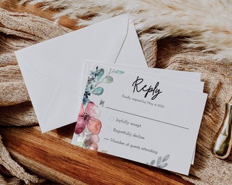 Watercolor floral wedding response card editable template