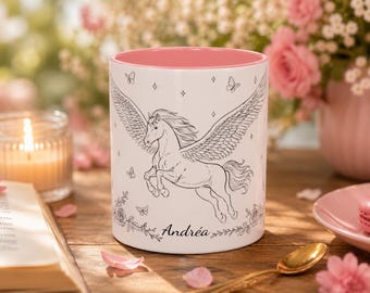 Personalized Hand-Drawn Pegasus Mug, Original Fantasy Illustration, Floral Winged Horse Coffee Cup, No AI Art.
