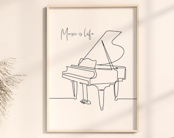 Minimalistische pianokunst, decor voor muziekliefhebbers, pianist cadeau, muziekkamer poster, muzikant enkele lijn kunst, piano tekening, piano afdrukbare kunst