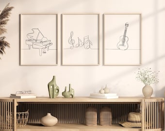 Afdrukbare minimalistische muziekprint, set van 3 enkele lijntekeningen: vleugelpiano, muzieknoten, gitaar, instrumentenposters. Muzikant cadeau