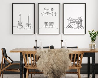 Printable Minimalist Music Poster, Instruments Line Art Set of 3 Prints: Guitar Duo, Life Quote Keyboard, Drums. Music Lovers, Musician Gift