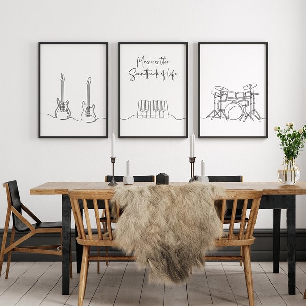 Printable Minimalist Music Poster, Instruments Line Art Set of 3 Prints: Guitar Duo, Life Quote Keyboard, Drums. Music Lovers, Musician Gift