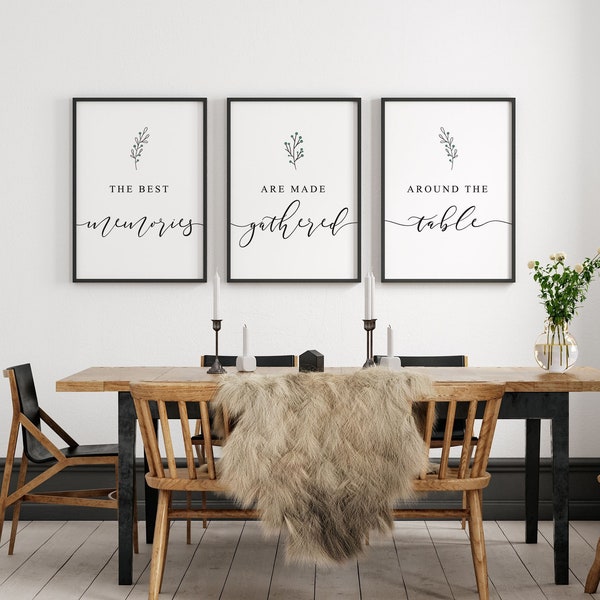 Printable Dining Room Art: Best Memories Made Gathered Around Table Set of 3 Minimalist Botanical Wall Art. Small Prints for Kitchen Decor