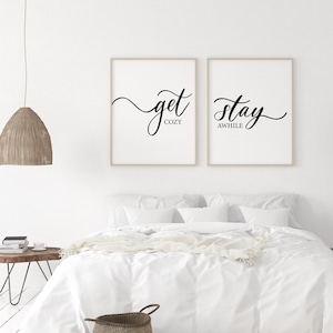 Guest Room Art Prints: Get Cozy Stay Awhile, Welcoming Set of 2 Prints. Printable Guest Bedroom Art, Guest Bathroom Prints, Dining Wall Art