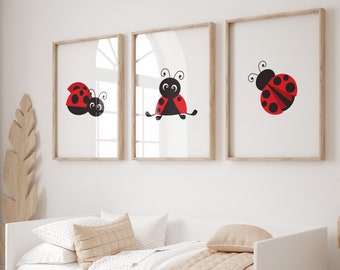 Ladybug Wall Art Decor, Set of 3 Prints, Contemporary Red Ladybird Prints, Modern Playroom Printable, Lady Bug Nursery, Lady Bird Wall Decor