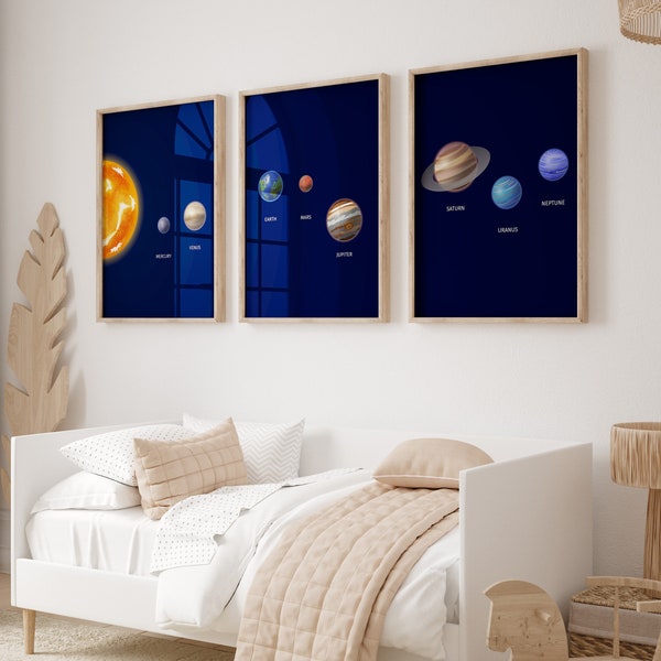 Solar System Set of 3 Prints: Vibrant Space Themed Digital Posters, Sun & Planets, Universe Wall Art, Kids Wall Decor, Teen Boys Room Art