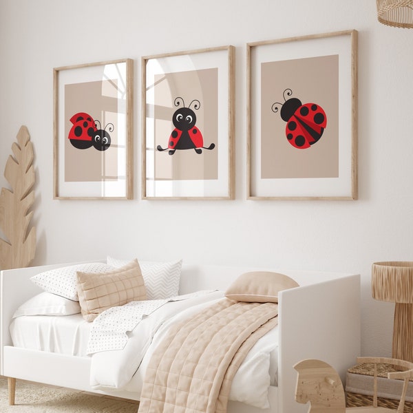 Marienkäfer Wand Kunst Dekor 3er Set.Zeitgenössische Marienkäfer Drucke: Mädchen Kinderzimmer, Mädchen Schlafzimmer, Spielzimmer Moderne Digitale Downloads