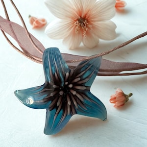 Lampwork Glass Blue Starfish Pendant Necklace Pink Cord & Ribbon Coastal Style