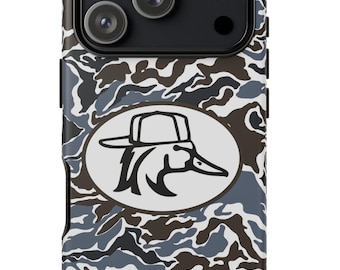 May include: A phone case with a camouflage pattern in shades of blue, gray, and brown. The case features a black camera module and a white oval emblem with a duck wearing a hat.