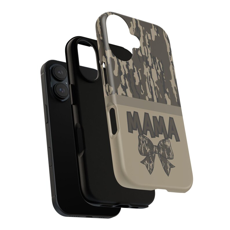 May include: A phone case with a camouflage pattern on the top half and the word "MAMA" with a bow graphic on the bottom half. The case is tan and black.