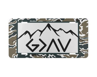 Wild Teal Camo Faith Truck Tag: God is Greater Aluminum License Plate