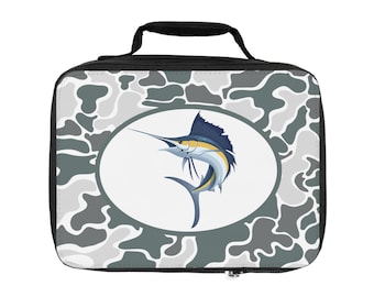 Bolsa de almuerzo con estampado de camuflaje costero "Pez Marlín": Bolsa de merienda con estampado de camuflaje para niños para la vuelta al cole.