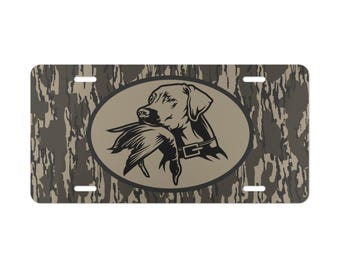 Tree Camo Dog Duck Hunting License Plate: Country Life Vehicle Tag