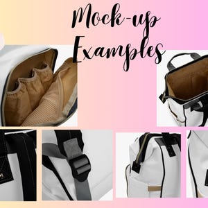 May include: White and black backpack with gold zipper and black straps. The interior is tan. The image includes the text "Mock-up Examples" in black script. The bag has multiple compartments and a handle.