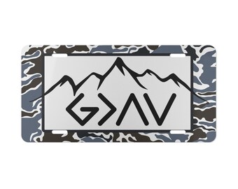 Wild Blue Camo Faith Truck Tag: God is Greater Aluminum License Plate