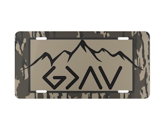 Tree Camo Faith Truck Tag: God is Greater Aluminum License Plate