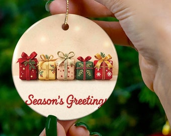 Ceramic Ornament, Season's Greetings Ornament, Holiday Decor, Christmas Ornament, Tree Decoration, Winter Home Decor