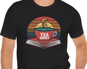 Retro Tea Shirt with Steaming Teacup, Open Book Design, Bookworm Tee, Literary Gift, Gift for Tea Lover
