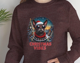 Sphinx Cat Christmas Vibes Sweatshirt, Cat Lover Gift, Holiday Sweater, Cozy Jumper, Winter Clothing, Pet Owner Apparel