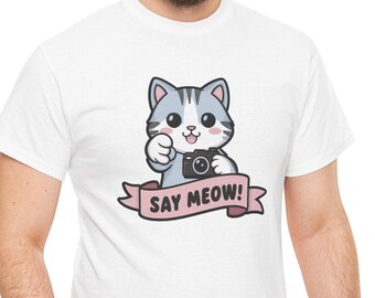 Say Meow! Cat Camera T-Shirt, Pet Lovers Tee, Cute Kitty Shirt, Cat Lover Gift