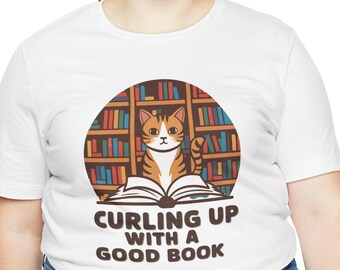 Book Lover's Cat T-Shirt, Curling Up Tee, Cozy Design Shirt, Cat Mom Gift, Reader Gift, Gift For Her