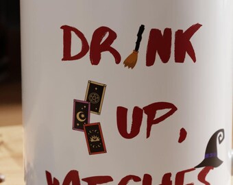 Drink Up Witches Halloween Mug, Tarot Cards and Witch Hat Cup, Witchy Coffee Cup, Halloween Gift, Witchcraft Tea Cup