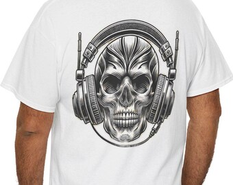 Skull Headphones T-Shirt, Edgy Music Tee, Skull Art Print Shirt, Music Lover Gift, Graphic Tee, Back Side Tee Rock Shirt